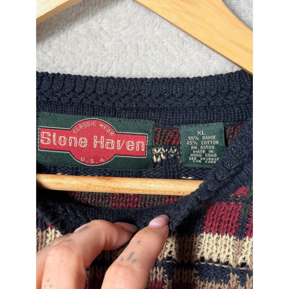 VTG Stone Haven Mens XL Plaid Crewneck Sweater Navy Green Red Ramie Cotton